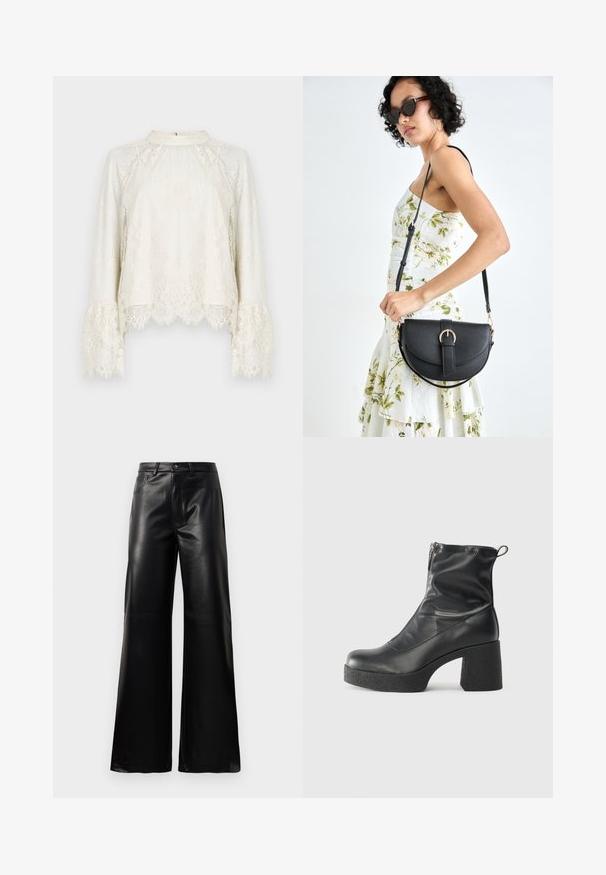 Lace top in cream with long, flared sleeves and scalloped hem. Features intricate floral patterns and a high, rounded neckline.; Black high-waist wide-leg faux leather pants with front button, zip closure, belt loops, and side pockets on white background.; Black ankle boots made of smooth leather, featuring a side zipper, chunky textured heel, and rounded toe design.; Black leather handbag with a curved shape, detachable strap, and gold hardware. The bag features a flap with a buckle detail.