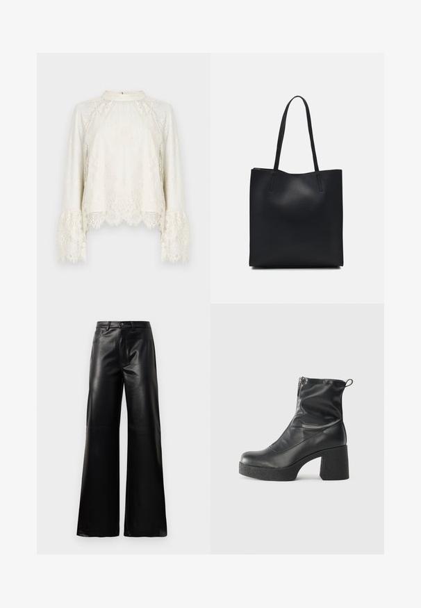 Čipkasta bluzica u krem boji s dugim, raširenim rukavima i urezanim rubom. Sadrži složene cvjetne uzorke i visoki, zaobljeni izrez.; Crne visoke široke hlače od umjetne kože s prednjim gumbom, zatvaranjem na zip, petljama za pojas i bočnim džepovima na bijeloj pozadini.; Crne gležnjače od glatke kože, s bočnim zatvaračem, debelim teksturiranim potplatom i dizajnom s zaobljenim prstima.; Crna kožna torba za nošenje s glatkom teksturom, pravokutnim oblikom i dvije duge ručke. Nema vidljivih metalnih dijelova ili ukrasa.