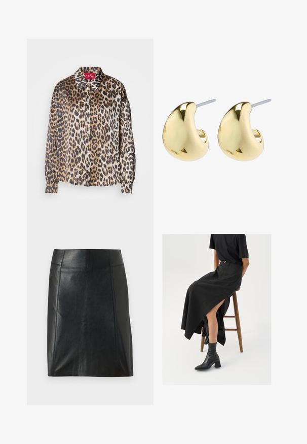Blusa de estampado de leopardo en tejido sedoso, con cuello clásico, cierre de botones en la parte delantera y mangas largas con puños elásticos. Los colores incluyen beige y marrón.; Minifalda de piel negra con un diseño ajustado. Textura suave, costuras que delinean la forma y un dobladillo recto. Apariencia minimalista y elegante.; Falda maxi de lino negra con una abertura alta, combinada con una camiseta negra y botines negros. Diseño minimalista con un ajuste relajado.; Pendientes de color dorado con una forma suave y redondeada, que cuentan con una superficie reflectante y un cierre de palanca para un uso seguro.
