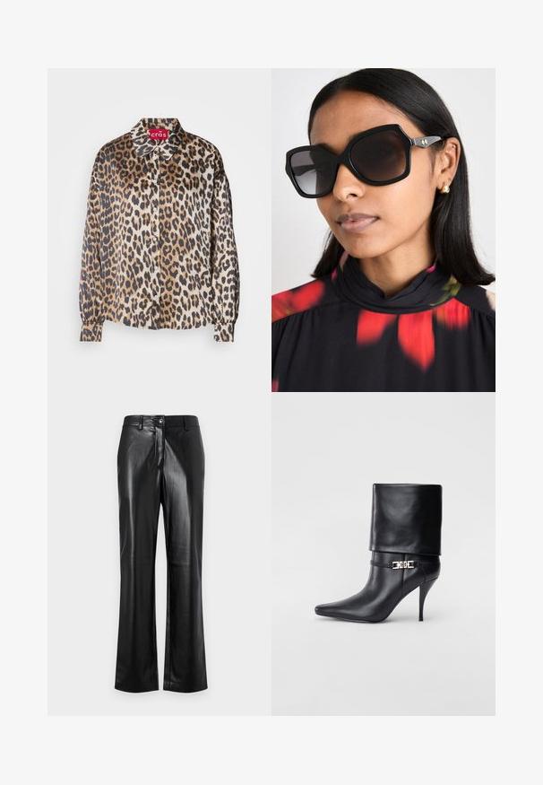 Bluse im Leopardenmuster aus seidig glänzendem Stoff, mit klassischem Kragen, Knopfleiste und langen Ärmeln mit elastischen Bündchen. Die Farben umfassen Beige und Braun.; Schwarze Lederhosen mit geradem Bein, ausgestattet mit einem vorderen Knopfverschluss, Gürtelschlaufen und einer glatten, polierten Oberfläche.; Schwarze Leder-Ankle-Boots mit spitzer Zehenpartie, hohen Stiletto-Absätzen, umgeschlagenem Schaft und einem goldenen dekorativen Schnallen-Detail an der Knöchel.; Schwarze übergroße Sonnenbrille mit geometrischem Rahmen, dunkel getönten Gläsern und goldfarbenen Akzenten, getragen mit einem hochgeschlossenen Oberteil im floralen Muster.