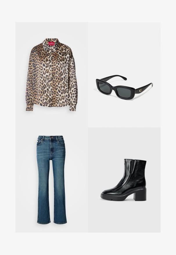 Bluse med leopardprint i silkeagtigt stof, med klassisk krave, knaplukning foran og lange ærmer med elasticerede manchetter. Farverne inkluderer beige og brun.; Højtaljede blå jeans lavet af denim, med lige ben design, subtil fading, og en standard knap- og lynlås lukning.; Sorte patenterede læderankelstøvler med en buet tå, elastiske sidepaneler og en kraftig blokhæl. Har et præget logo på bagsiden.; Sorte rektangulære solbriller med mørke linser, lavet af glat plastik. Har et guld logoaccent på den ene stang.