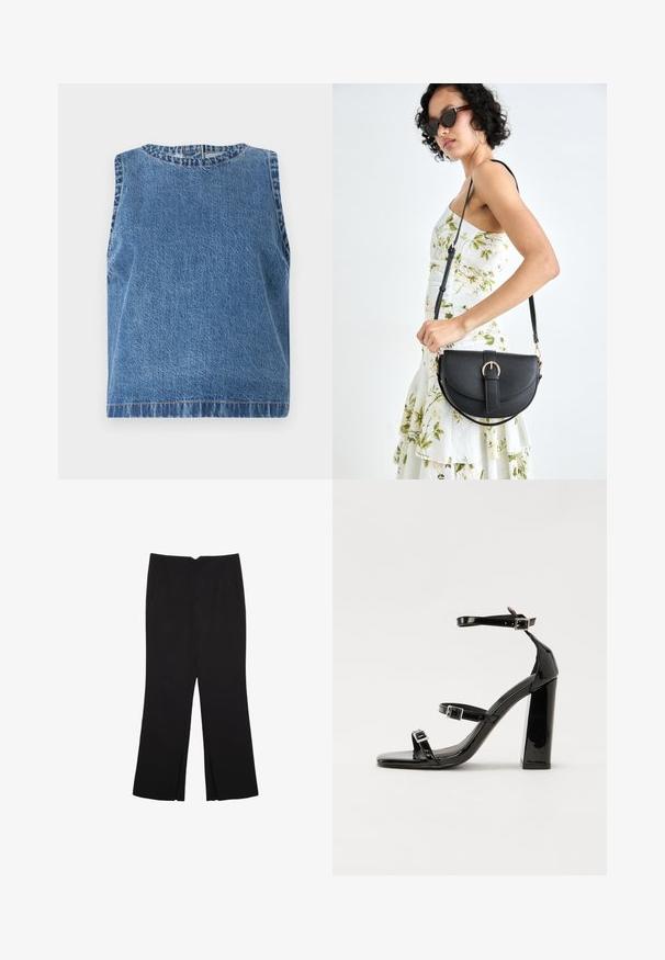Abercrombie & Fitch Denim Shell Top - Camicetta - blue; Pantaloni neri a gamba dritta, con tasche frontali e spacchi laterali all'orlo. Realizzati in tessuto morbido e liscio. Adatti a diverse occasioni.; Sandali con tacco in vernice nera, con punta squadrata, cinturini alla caviglia e fibbie in argento. Presentano un tacco a blocco spesso per maggiore stabilità.; Borsa a tracolla nera in pelle con una forma curva, manico rimovibile e accessori dorati. La borsa presenta una patta con un dettaglio a fibbia.