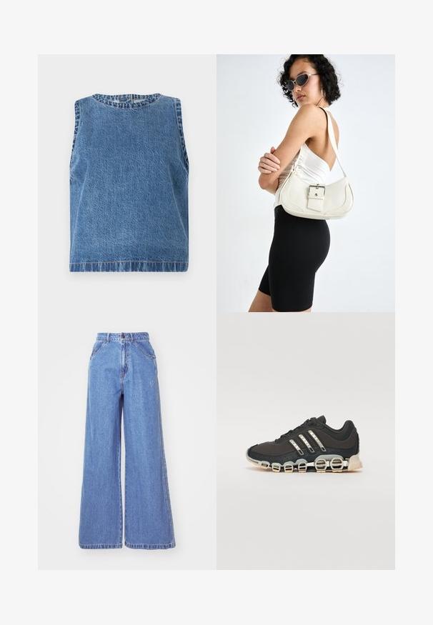 Abercrombie & Fitch Denim Shell Top - Bluse - blue; adidas Originals Jeans Straight Leg - light denim; Sort træningssko med en tekstureret overdel, tre sølvstriber og en karakteristisk støttende sål med flere integrerede sektioner.; Hvid læder håndtaske med en buet form, justerbar skulderrem og en lille spænde detalje. Modellen bærer et tætsiddende sort outfit.
