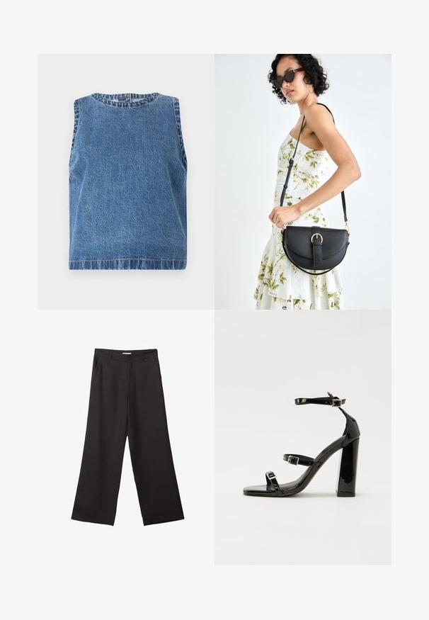 Abercrombie & Fitch Denim Shell Top - Blouse - blue; Black wide-leg trousers made of smooth fabric, featuring a front zipper and two side pockets, with a tailored fit and minimalistic design.; Black patent heeled sandals with a square toe, ankle straps, and silver buckles. Features a chunky block heel for stability.; Black leather handbag with a curved shape, detachable strap, and gold hardware. The bag features a flap with a buckle detail.