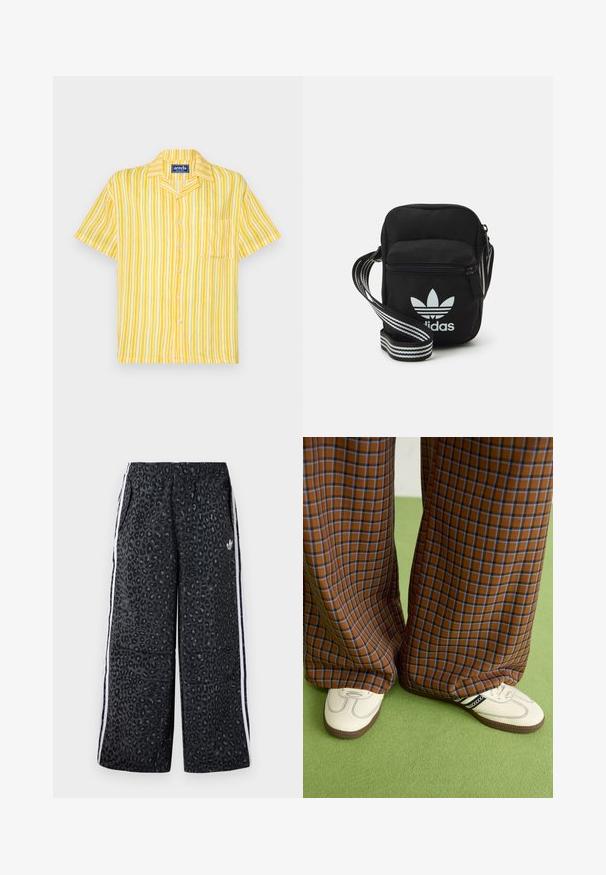 Rövid ujjú, sárga gombos ing zöld és fehér függőleges csíkokkal, bal mellen zsebbel, klasszikus galléros kivitelben.; adidas Originals GRAPHIC UNISEX - Tréningruha alsók - black; Barna és kék kockás, bőrt lábú nadrág, fehér cipővel, fekete részletekkel és texturált talppal, zöld háttér előtt.; Fekete anyagú, keresztpántos táska cipzáras záródással, fehér Adidas logóval és csíkos állítható pánttal a könnyű hordozás érdekében.
