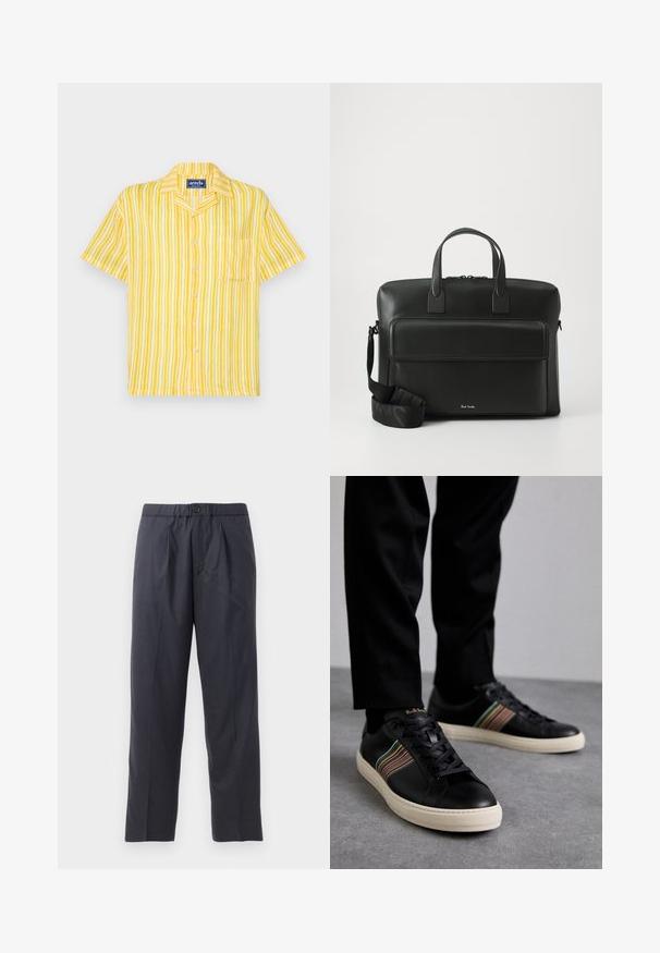 Trumpo rankovėmis ir mygtukais marškiniai geltonos spalvos, su žaliais ir baltais vertikaliais raštais, kišenė kairėje krūtinės pusėje, turintys klasikinio apykaklės dizainą.; Tamsiai mėlynos kelnės, pagamintos iš švelnios medžiagos, su klostėtu priekiu ir elastingu juosmeniu. Yra mygtuko užtrauktukas ir tiesios išklikimo pjūvis.; Juodi odiniai sportbačiai su daugiaspalviais juostuotais akcentais, apvaliu pirštu ir baltais gumos padais, su raišteliais ir įspaustu ženklu.; Juodas odinis darbų krepšys su dviem viršutiniais rankenomis, priekinėmis kišenėmis ir nuimama juosta, su subtiliu prekės ženklu apačioje.