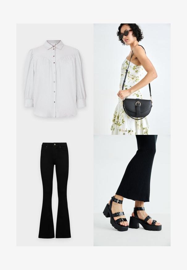 Light blue and white striped blouse with a button front, collar, and puffed sleeves. Features gathered detailing and rose gold buttons.; Black high-waist jeans with a button and zip closure, front pockets, and flared legs laid flat on a white background.; Black platform sandals with chunky, lug soles and multiple straps, featuring metal buckles and a smooth leather-like texture.; Black leather handbag with a curved shape, detachable strap, and gold hardware. The bag features a flap with a buckle detail.