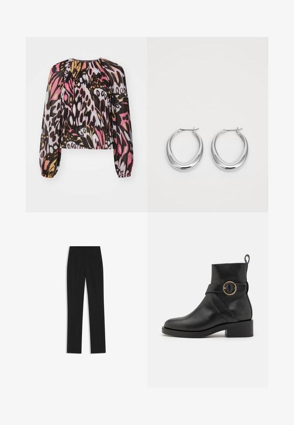 Cropped blouse in sheer fabric featuring a multicolor abstract print with shades of pink, black, and gold. Long, puff sleeves and gathered neckline.; Black tailored trousers with a straight-leg design, featuring front pockets and a smooth, textured fabric. Neat, minimal detailing.; BOSS IRYNA BOOTIE - Platform ankle boots - black; Pair of polished silver crescent hoop earrings with hinged clasps on a white background.