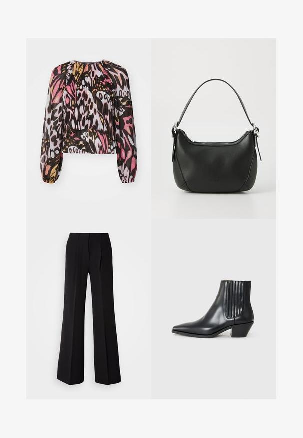 Gekürzte Bluse aus durchscheinendem Stoff mit mehrfarbigem abstraktem Muster in Pink-, Schwarz- und Goldtönen. Lange Puffärmel und geraffter Ausschnitt.; Schwarze Hose aus glattem Stoff, mit hohem Bund, weitem Schnitt und zwei vorderen Falten für zusätzlichen Designakzent.; Schwarze Leder-Ankle-Boots mit spitzem Zehenbereich, seitlichen elastischen Einsätzen mit vertikalen Rillen und einem niedrigen Blockabsatz. Glatte Textur und elegantes Design.; Schwarze Ledertasche mit geschwungener Form, silbernem Reißverschluss und kurzem Griff. Verfügt über ein dezentes Logo auf der Vorderseite und eine glatte Textur.
