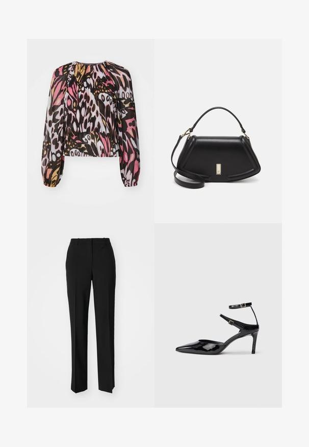Cropped blouse in sheer fabric featuring a multicolor abstract print with shades of pink, black, and gold. Long, puff sleeves and gathered neckline.; Black tailored trousers with a straight-leg design, featuring a smooth texture and crisp creases along the front. No visible hardware.; Black patent leather heels with a pointed toe, adjustable ankle straps, and a slender heel. Smooth texture with a shiny finish.; Black leather handbag with a structured design, featuring a cropped shape, top handle, and gold hardware accent. Adjustable shoulder strap included.