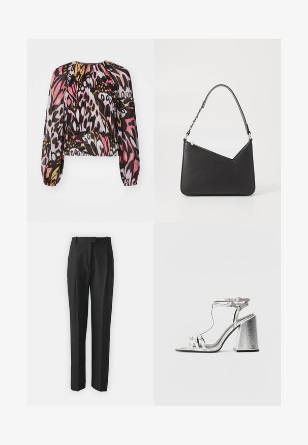 Blusa corta en tela translúcida con un estampado abstracto multicolor en tonos de rosa, negro y dorado. Mangas largas abullonadas y escote fruncido.; Pantalones negros ajustados hechos de tejido ligero, con un corte recto, frente plano y trabillas para cinturón. Textura suave sin patrones visibles.; Sandalia de tacón cuadrado plateada, con tiras delgadas y un cierre en el tobillo. El material tiene un acabado metálico con una apariencia texturizada.; Bolso de mano de piel negra con forma triangular, una correa delgada y herrajes plateados. Cuenta con un cierre de cremallera y un logo en relieve en la parte frontal.
