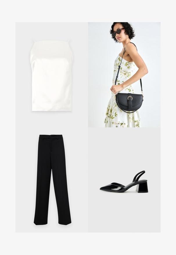 White satin camisole with thin straps, smooth texture, rectangular shape, and no visible patterns or accents.; Black wide-leg trousers made of smooth fabric, featuring a classic waistband with a button closure and front pleats.; Black patent leather slingback heels with a pointed toe and a geometric block heel. Features a sleek, minimal design and smooth texture.; Black leather handbag with a curved shape, detachable strap, and gold hardware. The bag features a flap with a buckle detail.