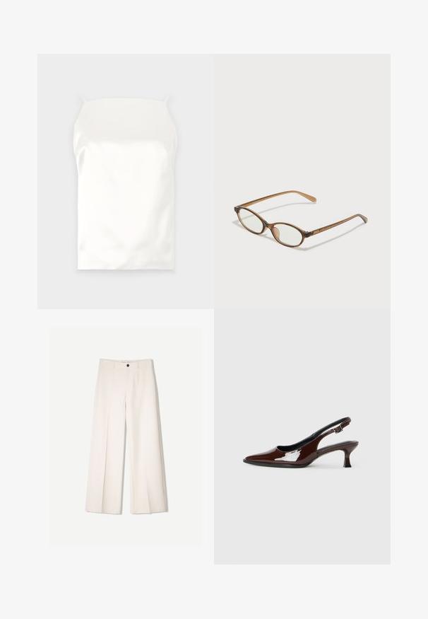 Camisola bianca in satin con spalline sottili, texture liscia, forma rettangolare e senza motivi o decorazioni visibili.; Pantaloni larghi color crema con design sartoriale, dotati di due tasche frontali e una chiusura con bottone anteriore, realizzati in tessuto liscio.; Scarpa slingback in pelle verniciata marrone con punta affusolata e tacco moderato. Presenta una fascia con fibbia per una calzata sicura. Tessuto liscio.; Occhiali tortoiseshell marroni con lenti ovali, aste sottili e dettagli trasparenti. Presentano un logo sottile sulla tempia. Design elegante e leggero.