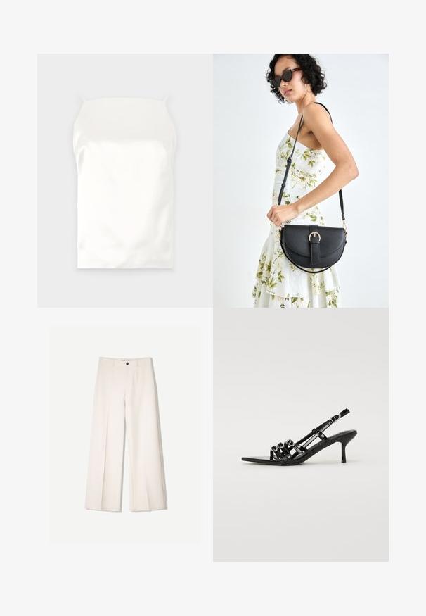 Fehér selyem kamiszolás vékony pántokkal, sima textúrával, téglalap alakú, és nincs látható minta vagy dísz.; Tejbézs széles lábú nadrág, szabott kialakítással, két elülső zsebbel és egyetlen elülső gombos záródással, sima anyagból készült.; Fekete, pántos, magas sarkú cipő, hegyes orral, amelyen több keskeny pánt és kör alakú díszítések találhatók az elején.; Fekete bőrtáska ívelt formával, levehető pánttal és arany színű fémrészekkel. A táskán egy csattal díszített fedél található.