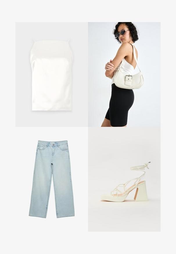 Bela satinasta majica na naramenice s tankim trakama, gladke teksture, pravokutnog oblika, bez vidljivih uzoraka ili akcenta.; Svetlo modri široki jeans iz denima, z visokim pasom, petimi žepi in rahlim bledenjem. Ravno krojen s obdelanimi robovi.; Bela sandala na visokih petah s debelim petam, ki ima obliko trakcev in vezanje okoli gležnja. Gladka tekstura z platformo spredaj za dodatno višino.; Bela usnjena torbica s ukrivljeno obliko, nastavljivim trakom in majhnim detajlom s sponko. Model nosi oprijet črno obleko.