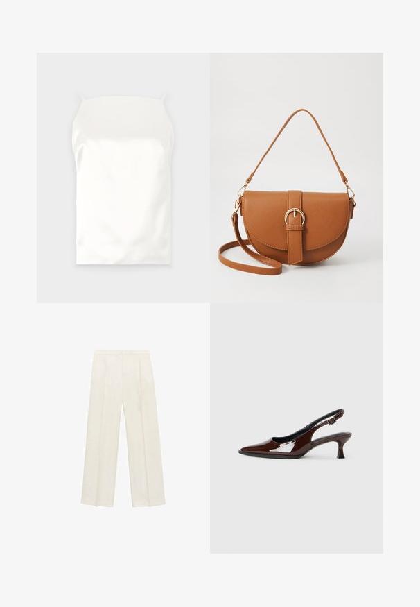 Camisole alb din satin cu bretele subțiri, textură netedă, formă rectangulară și fără modele sau accente vizibile.; Pantaloni cu picioare largi, de culoare crem deschis. Realizați dintr-un material neted, cu plisuri în față și buzunare laterale.; Pantofii slingback din piele patent maro, cu vârful ascuțit și un toc moderat. Prezintă o curea cu prindere pentru o potrivire sigură. Textură netedă.; Geantă din piele maro, tip crossbody, cu o formă curbată, accesorii aurii și un accent cu cataramă. Dispune de un curea de umăr detașabilă.