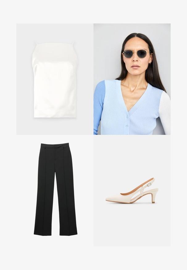 Biely saténový top s tenkými ramienkami, hladká textura, obdĺžnikový tvar a žiadne viditeľné vzory ani akcenty.; Čierne vysoké široké nohavice s pútkami na opasok a predným švom, vystavené na bielom pozadí.; Biele slingback topánky na podpätku s ostrou špičkou, hladkým vrchným materiálom, nízkym blokovým podpätkom a bočným výrezom s nastaviteľným remienkom na pracku.; Okrúhle slnečné okuliare s tmavými šošovkami a zlatým rámom. Modelka má na sebe svetlomodrý pletený kardigán s gombíkmi a bielymi rukávmi v kontraste.; Crossbody taška s krémovou látkou, na ktorej sa opakuje vzor loga MK, hnedými koženými akcentmi a zlatým reťazovým popruhom s odnímateľným hnedým popruhom.