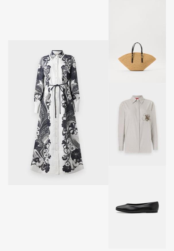 Camisa de botones a rayas en beige claro y marrón. Cuenta con un bolsillo con un monograma decorativo marrón. Mangas largas con puños abotonados.; Vestido largo abotonado hecho de una tela ligera. Predominantemente blanco con intrincados patrones florales y paisley en color navy. Detalle de cintura atada.; Paul Smith TOPANGA - Bailarinas - black; Bolso de paja con una forma de abanico única, textura tejida beige y asas de cuero negro con hebillas en tono dorado. Correa ajustable para mayor versatilidad.