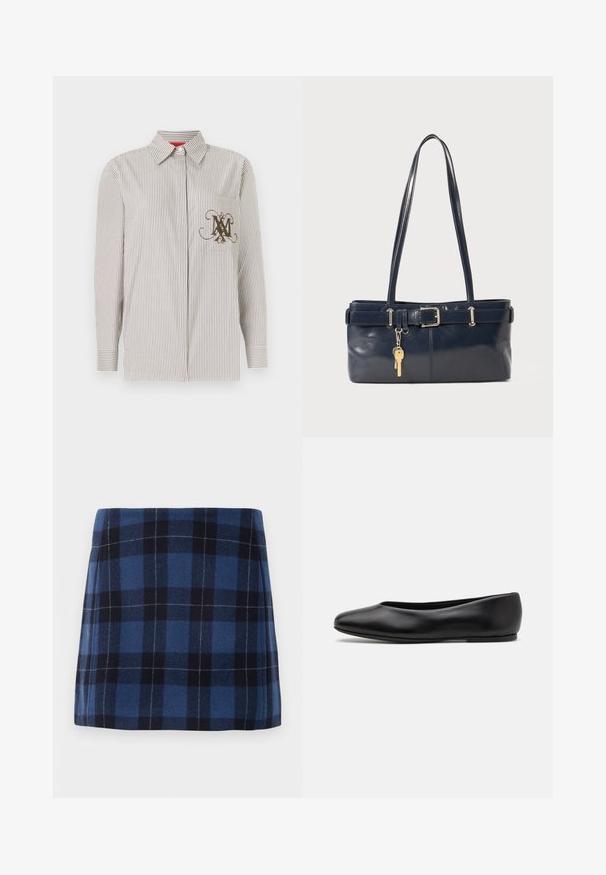 Striped button-up shirt in light beige and brown. Features a pocket with a decorative brown monogram. Long sleeves with buttoned cuffs.; Plaid mini skirt in dark blue and navy, made of soft fabric with a slightly textured finish. Features a straight cut and clean lines.; Paul Smith TOPANGA - Ballet pumps - black; Navy leather handbag with two long handles, a buckle detail, and a keychain attached. Features a smooth texture and a rectangular shape.