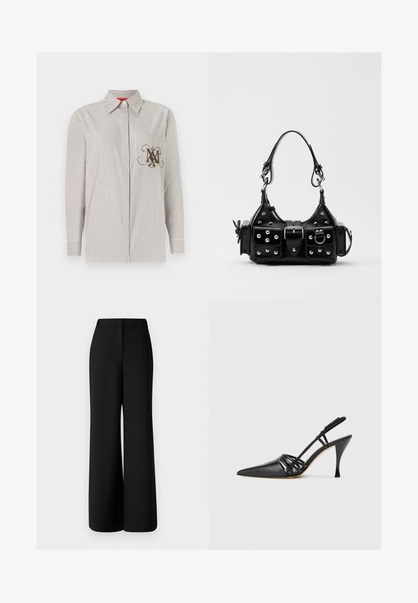 Csíkos, világosbézs és barna színű ing. Díszes barna monogramos zsebbel rendelkezik. Hosszú ujjak, gombos mandzsettával.; MAX&Co. BRIVIDO - Nadrágok - schwarz; Fekete bőr magassarkú slingback cipő, hegyes orral, keresztbe fonott pántos dizájnnal és vékony tűs sarkakkal. Sima felület és minimális díszítés.; Fekete bőr kézitáska ívelt designnal, ezüst szegecsekkel, csattal és két oldalsó zsebbel. Állítható vállpánt a hordozási lehetőségekhez.