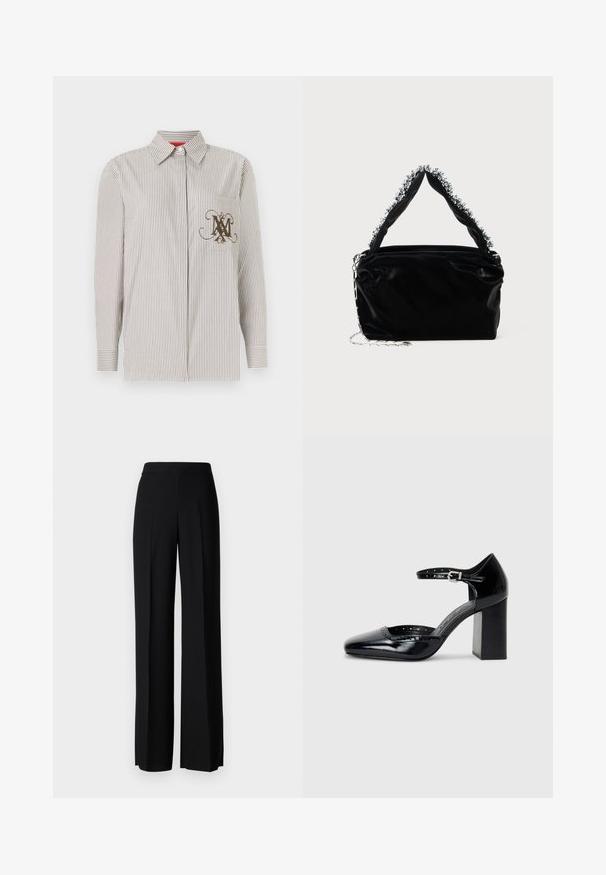 Striped button-up shirt in light beige and brown. Features a pocket with a decorative brown monogram. Long sleeves with buttoned cuffs.; Black wide-leg trousers with a smooth texture, featuring a high waistband and center pleats. No visible patterns or hardware details.; Black patent leather high-heeled shoes with a square toe, ankle strap, and a chunky heel. Includes perforated detailing along the rim.; Black faux leather handbag with a textured finish, featuring a beaded silver accent along the top handle and a chain strap.