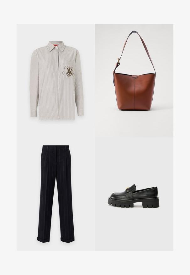 Stribet skjorte i lys beige og brun. Har en lomme med et dekorativt brunt monogram. Lange ærmer med knapmanchetter.; Sorte pinstripede bukser med en skræddersyet pasform, der har en manchetkant og frontfolder. Lavet af glat stof med et struktureret design.; Sorte læder loafers med en kraftig sål, prydet med en guldfarvet detalje på fronten og en glat finish. Kraftigt mønster designet på sålen.; Brun læder skuldertaske med en buet form, glat tekstur og en enkelt tynd rem. Har en diskret søm og et lille logodesign.