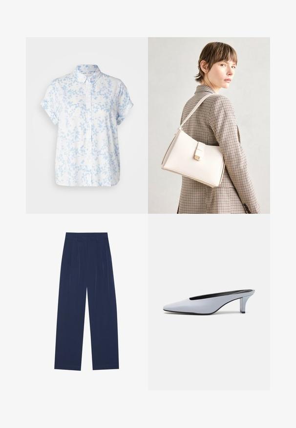 Samsøe Samsøe MAJAN SS - Bluza z gumbi - light blue; Mornarsko modri široki hlače iz mehkega materiala, ki imajo sprednje drapiranje, gladko teksturo in ravno silhueto brez vidnih žepov.; Svetlo modre lakirane mule s poudarjenim nosom, nizkim prozornim petam in elegantnim dizajnom z izrezom na sprednjem delu.; Bela usnjena torba s strukturirano zasnovo, opremljena z magnetnim zapiranjem in naramnico, prikazana na nevtralni ozadju.