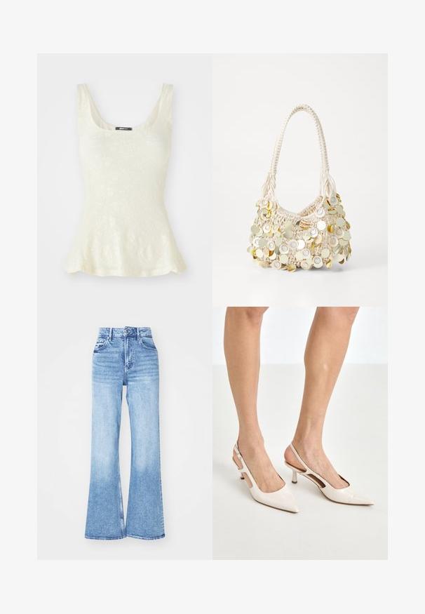 Svijetla bez rukava bluzica s cvjetnim čipkastim uzorkom i lepršavim rubom. Na vratnom dijelu vidljiva oznaka s natpisom "gina tricot."; Svijetle traperice u stilu flare imaju visok struk, zatvaranje na patentni zatvarač i džepove. Tkanina ima glatku teksturu s blagim izbljeđivanjem.; Bež cipele na petu od lakiranih koža s uskim vrhom i petom od 5 cm, s izrezanim stranama i tankim remenom oko gležnja.; PARFOIS SHOULDER BAG AU NATUREL S - Ručna torba - ecru