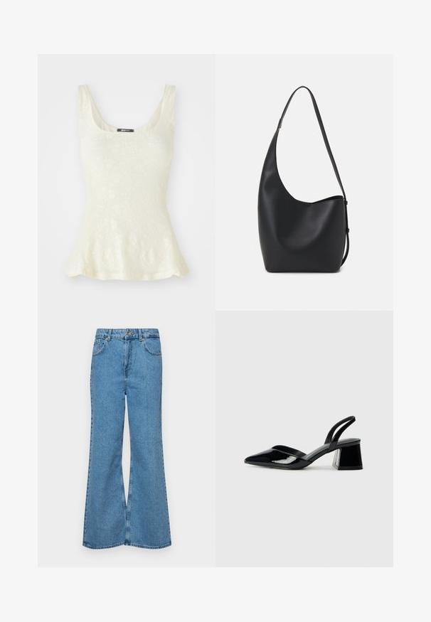 Light-colored sleeveless top with a floral lace pattern and a flared hem. Label visible at the neckline reads "gina tricot."; Light blue flared jeans made of denim, featuring a high waist, five pockets, and a single button closure. Soft texture with faded finish.; Black patent leather slingback heels with a pointed toe and a geometric block heel. Features a sleek, minimal design and smooth texture.; Black leather hobo bag with a smooth texture, curved shape, and single adjustable strap; features a wide opening at the top.