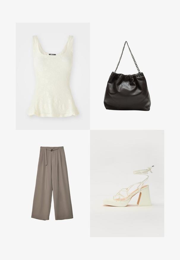 Helles ärmelloses Oberteil mit floralem Spitzenmuster und ausgestelltem Saum. Das Etikett am Ausschnitt zeigt "gina tricot".; Weite Hose aus einem weichen, gedämpften grauen Stoff, mit einem taillierten Bund und Falten für zusätzliche Design-Details. Glatte Textur, keine Muster.; Weiße High-Heel-Sandale mit einem klobigen Absatz, die über ein Riemchendesign und ein Knöchelband verfügt. Glatte Textur mit einer Plattform vorne für zusätzliche Höhe.; Braune Lederhandtasche mit gerafftem Oberteil und Kettenriemen. Glatte Textur mit glänzendem Finish und subtilen Nahtdetails an den Seiten.