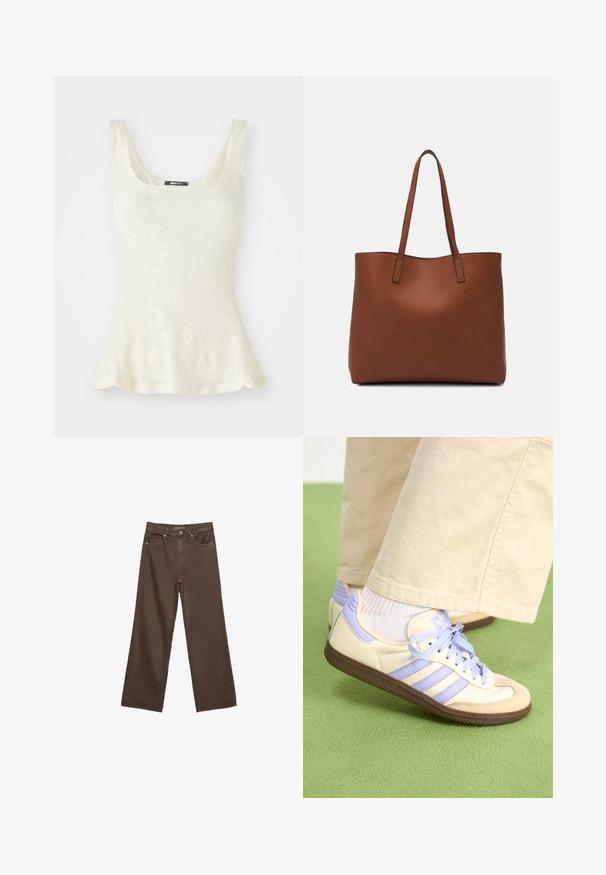 Top senza maniche di colore chiaro con un motivo in pizzo floreale e orlo svasato. Etichetta visibile al collo che riporta "gina tricot."; Jeans a gamba larga marroni in denim, con vita alta, tasche anteriori e chiusura a bottone classica. Tessuto liscio con cuciture sottili.; Sneakers crema e lavanda con tre strisce e suola marrone texturizzata, dotati di lacci e tallone imbottito. Parte superiore in tessuto morbido.; Borsa tote in pelle marrone con texture liscia, design con apertura superiore e due spallacci. Presenta cuciture minime e nessun hardware visibile.