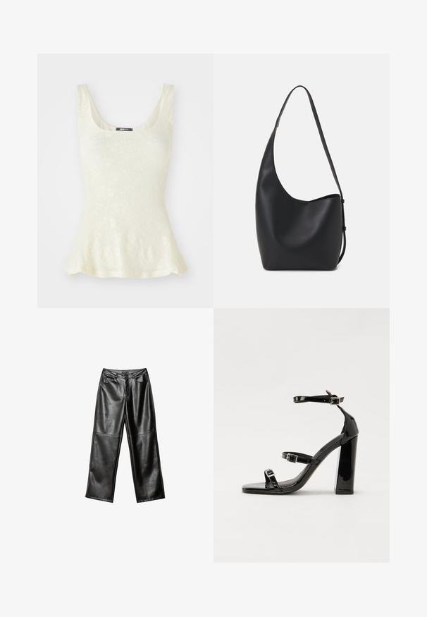 Lichtgekleurde, mouwloze top met een bloemenkantpatroon en een uitlopende zoom. Het label aan de halslijn zegt "gina tricot."; Zwarte leren broek met brede pijpen, een gladde textuur, vijf zakken en gestikte details langs de benen en de tailleband.; Zwarte patent lederen sandalen met hoge hakken, twee gespenbanden, een vierkante neus en een stevige blokhak, met een gladde, glanzende textuur.; Zwarte leren hobo tas met een gladde textuur, kromme vorm en een enkele verstelbare schouderband; heeft een brede opening aan de bovenkant.