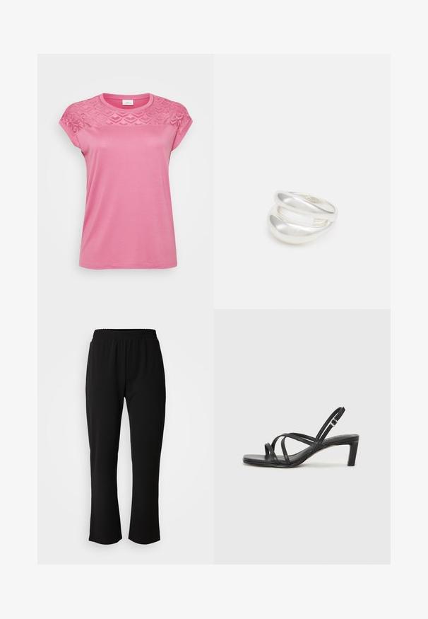 Roosa t-särk, millel on tekstureeritud pitsipaneel õlgadel, lühikesed varrukad, ümmargune kaelus ja sile kangaste viimistlus.; ONLY Carmakoma CARLAMA STRAIGHT - Püksid - black; Mustast rihmajalatsid ruudukujulise varba ja madala ploki kontsaga. Omab mitmeid õhukesi rihmasid ja reguleeritavat pahkluu rihma. Valmistatud siledast nahast.; Hõbedane kahekordne rõngas sujuva, poleeritud pinnaga. Omab voolavat, kõverat disaini, millel on kattuvad sektsioonid, et saavutada kaasaegne ilme.