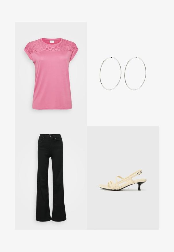 Rožinė marškinė su tekstūruota nėrinių juosta ant pečių, trumpomis rankovėmis, apvaliu iškirpimu ir lygiu audiniu.; Juodos plačios džinsinės kelnės, pagamintos iš denimo, su aukštu liemeniu, penkiomis kišenėmis ir metaliniu sagčių uždarymu. Lygi tekstūra su minimaliu dekoravimu.; Geltoni sandalai su dirželiais, smailiu pirštu, mažais juodais kulniukais ir reguliuojamu užsegimu. Slydus paviršius su minimalizmo dizainu ir be matomų raštų.; Sidabriniai auskarai-žiedai su lygiu, apvaliu dizainu ir blizgiu paviršiumi. Jie yra ploni ir lengvi, turintys paprastą užsegimą.