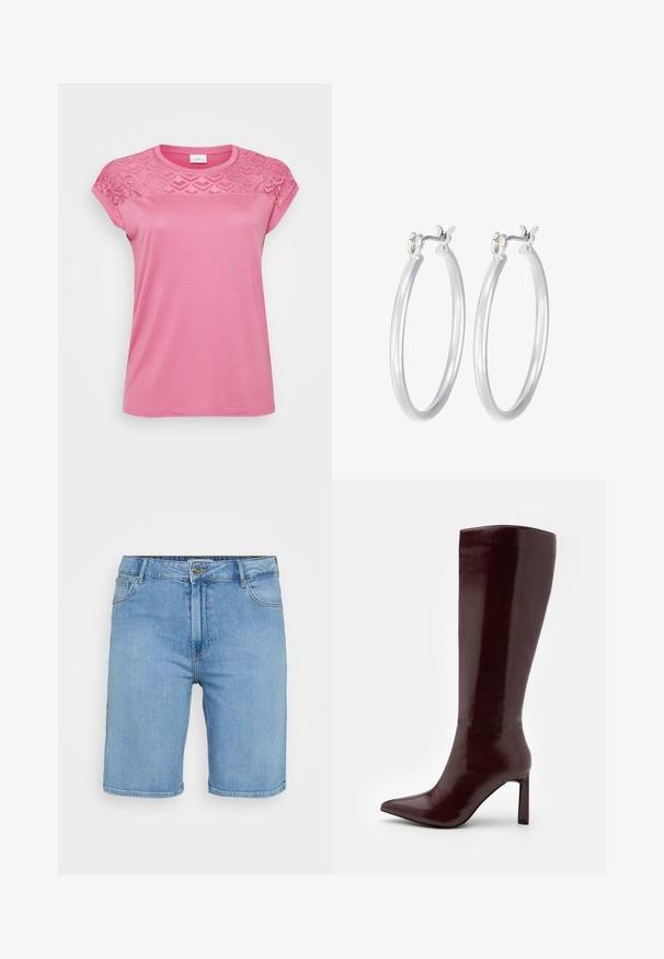 Růžové tričko s texturovanou krajkovou vsadkou na ramenou, krátkými rukávy, kulatým výstřihem a hladkým povrchem.; Světle modré džíny s klasickým střihem, s předním zapínáním na knoflík, poutky na opasek a dvěma bočními kapsami. Hladká textura a rovný lem.; Even&Odd Vysoká obuv - dark red; Stříbrné kruhové náušnice s hladkým, lesklým povrchem. Kulatý tvar a bezpečné zapínání na klip. Lehký design vhodný pro každodenní nošení.