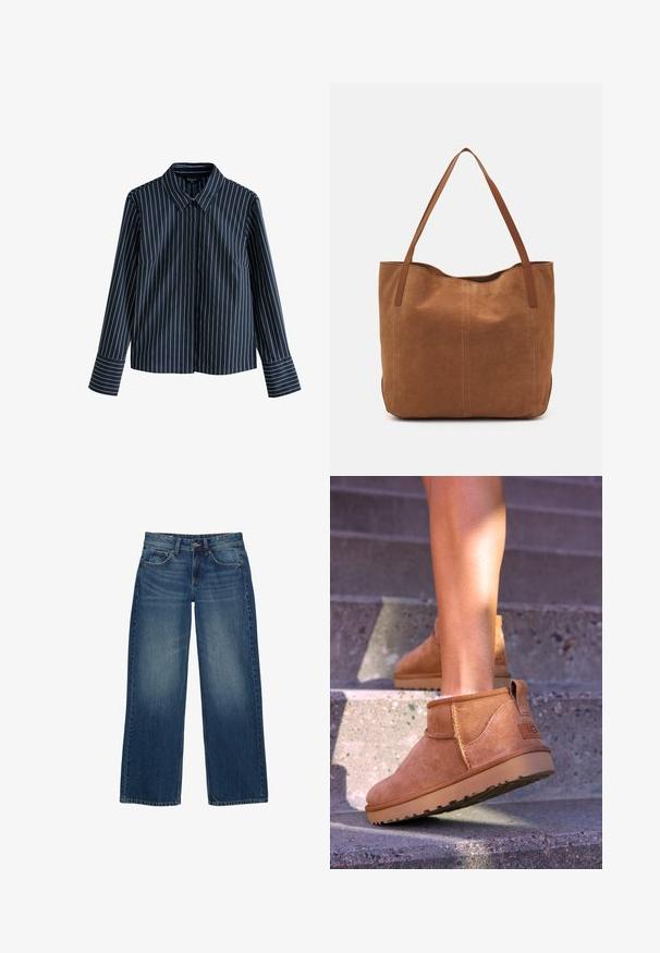 Navy blue long-sleeve shirt with white vertical stripes, collar, and button-down front. Features a streamlined fit and cuffed sleeves.; Wide-leg blue denim jeans featuring a faded wash, five-pocket design, and contrasting stitching. Closed with a button and zipper fly.; Tan suede ankle boots with a soft texture, stitched detailing, and a rubber sole, featuring a looped heel for easy wear.; Brown suede tote bag with two long handles, featuring a smooth texture, simple design, and no visible hardware or accents.