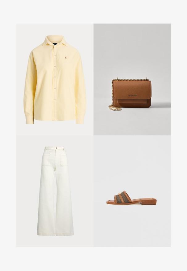 Gul bomullskjorte med knapper og lange ermer, klassisk krage og brodert logo på brystet. Myk tekstur, skreddersydd passform.; Vidde bukser i off-white denim. Høyt liv-design med knappelukking, to frontlommer og kontrastsøm detaljer.; Brun glidesandal med to brede stoffremmer i et mørkt mønster, med flat hæl og gullfarget metallpynt.; Brun teksturert lær crossover-veske med gullkjede-stropp og klaffelukking. Fronten har logo-detalj og en lomme under klaffen.