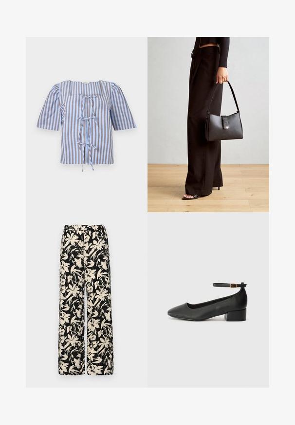 Modrá a hnedá pruhovaná blúzka s krátkymi puff rukávmi, štvorcovým výstrihom a predným viazaním. Vyrobená z ľahkej tkaniny s hladkou textúrou.; Čierne nohavice s širokými nohavicami a krémovým kvetinovým vzorom. Vyrobené z ľahkej látky, s hladkou textúrou a vysokým pásom.; Čierne kožené lodičky s špicatou špičkou a nízkym blokovým podpätkom. Obsahuje remienok okolo členka so zlatým prackou. Hladký povrch.; Čierna kabelka so štruktúrovaným tvarom, hladkou textúrou a kovovou sponou. V kombinácii so širokými čiernymi nohavicami a sandálmi s otvorenou špičkou na drevenej podlahe.
