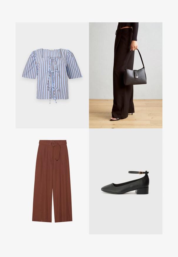 Blå og brunstripet bluse med korte pufferm, firkantet hals og et frontbånd. Laget av lett stoff med en glatt tekstur.; Bredde bukser i brunt stoff, med belte med firkantet spenne, plisserte design og myk tekstur.; Sorte skinnpumper med spiss tå og lav blokkhelt. Har ankelrem med gullfarget spenne. Glatt tekstur.; Svart håndveske med strukturert form, jevn tekstur og metallisk lås. Kombinert med brede svarte bukser og sandaler med åpen tå på tregulv.