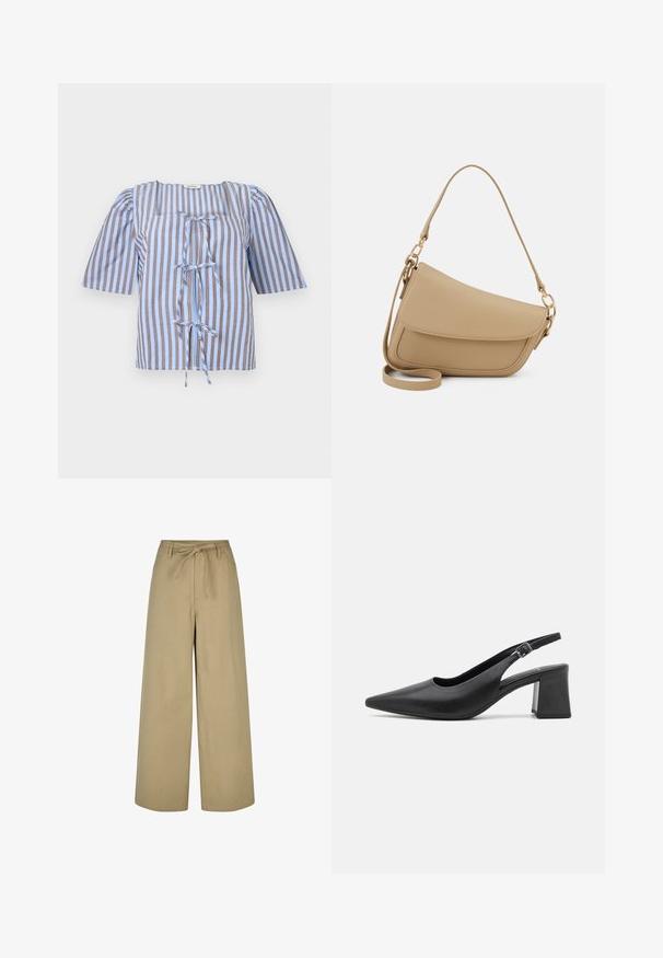 Blauw en bruin gestreept blouse met korte pofmouwen, vierkante halslijn en een strikdetail aan de voorkant. Gemaakt van lichtgewicht stof met een fijne textuur.; Beige wijde broek met hoge taille, drawstring en twee zijzakken, gemaakt van een gladde, lichte stof.; Zwarte leren slingback hak schoen met een puntige neus en een stevige blokhak. Beschikt over een verstelbare band met een metalen gesp.; Even&Odd Handtas - beige