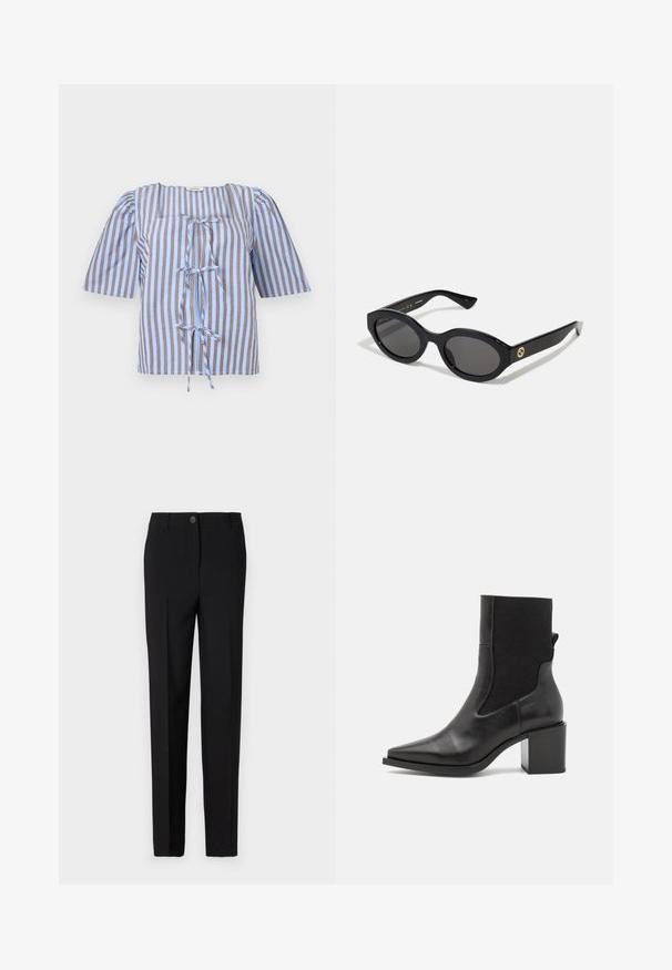 Kék és barna csíkozott blúz rövid pukli ujjakkal, négyzet alakú nyakkivágással és elülső masni díszítéssel. Könnyű anyagból készült, sima textúrával.; Fekete, egyenes lábú, szabott nadrág, gombos záródással és övhurkokkal, sima anyagból készült.; Fekete bokacsizma hegyes orral, sima bőrből és elasztikus szövetből készült. Tömör sarokkal és minimalista dizájnnal rendelkezik.; Fekete ovális napszemüveg sötét lencsékkel és fényes műanyag kerettel. Aranyszínű logóval rendelkezik a szárán, amely elegáns és modern megjelenést biztosít.; Kék, mintás, szövetből készült kézitáska, ívelt formával, fekete bőr pánttal és világosabb árnyalatú logóval.