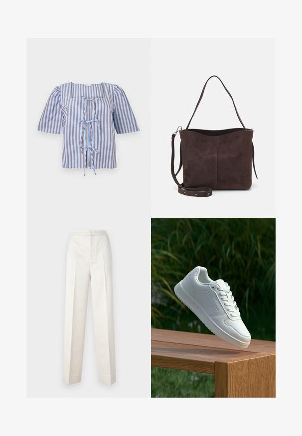Blusa a righe blu e marrone con maniche corte a palloncino, scollatura quadrata e dettaglio a fiocco frontale. Realizzata in tessuto leggero con una texture liscia.; Pantaloni color crema con vestibilità sartoriale, dotati di gamba dritta, tessuto liscio, pince frontali e orlo pulito. Design minimalista.; Sneaker bianco con tomaia in sintetico liscio, punta perforata, lacci piatti e suola testurizzata, esposto su una superficie di legno.; Borsa a spalla in suede marrone con una texture morbida, caratterizzata da una singola tracolla e un'apertura superiore leggermente curvata. Nessun dettaglio hardware visibile.