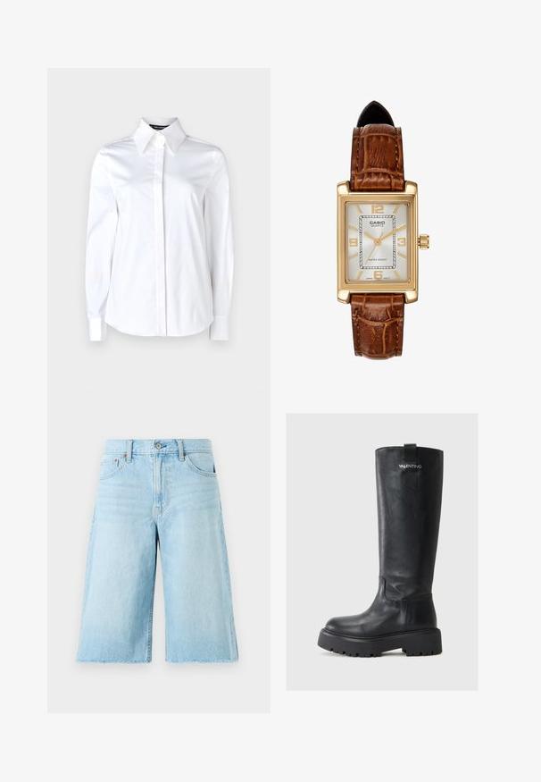 Balta, ar garām piedurknēm krekla ar apkakli, izgatavota no gludas kokvilnas materiāla, ar pogu aizdari priekšpusē un eleganti šūtiem aproču galiem.; Gaiši zili džinsu šorti ar brīvu piegriezumu, saplēstu apakšmali, piecām kabatām un metāla piederumiem. Klasiska džinsu dizaina ar maigu izbalējumu.; Augstas melnas ādas zābaki ar noapaļotu purngalu, biezu platformu un teksturētu apdari. Iekļauj logotipu un vilkšanas cilpu aizmugurē.; Casio kvarts pulksteins ar taisnstūra zelta tonis korpusu, balto ciparnīcu, zelta stundu marķieriem un brūnu ādas krokodila raksta siksnu. Ūdensizturīgs.