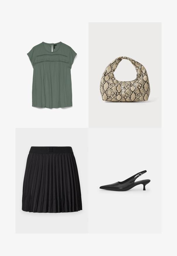Vihreä bleiseri, jossa on lyhyet hihat, pitsiyksityiskohtia rinnassa ja avonainen selkä. Valmistettu ilmavasta kankaasta, jossa on rento istuvuus.; Mustat laskostetut hameet, joissa on sileä pinta, kiinteä musta vyötärö ja kohokuvioitu logo edessä.; Mustan nahkainen slingback-kengät, joissa on terävä nenä ja kapea, kaareva korko. Varustettu huomaamattomalla säädettävällä hihnalla, jossa on metallinen solki.; Käärmeennahkakuosiset käsilaukku, jossa on kaareva kahva. Tehty teksturoiduista beigeistä ja ruskeista materiaaleista, joissa on erottuva timanttikuvio.