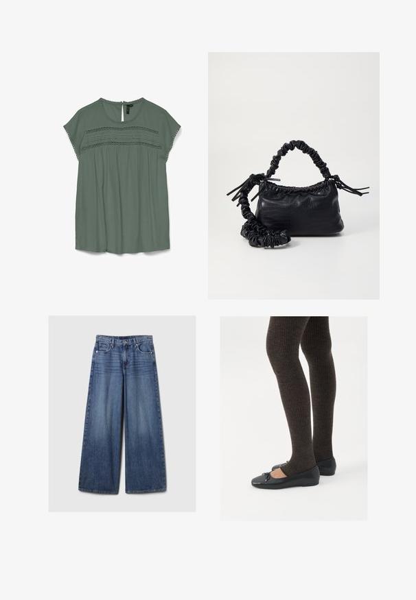 Light green blouse with short sleeves, lace detailing at the chest, and a keyhole back. Made from a flowy fabric with a relaxed fit.; Wide-leg blue denim jeans with a faded finish, featuring a button and zipper closure, five pockets, and belt loops.; Black flat shoes with a small bow detail at the toe, paired with dark brown ribbed tights. Shoes have a smooth texture and low profile.; Black faux leather handbag with a crocodile texture, cinched top, and a scrunched strap. Appears soft and compact in design.
