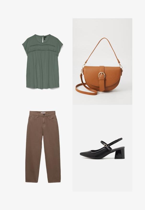 Lichtgroene blouse met korte mouwen, kantdetails op de borst en een keyhole achterkant. Gemaakt van een vloeiende stof met een ontspannen pasvorm.; Bruine katoenen denim broek met een losse pasvorm, vijf zakken en een ritssluiting. Heeft een subtiele textuur en klassieke stikseldetails.; Zwarte gepolijste leren slingback hakken met een spitse neus, een ronde uitsnede en een blokhak. Voorzien van een gouden gespaccent.; Bruine leren schoudertas met een gebogen vorm, gouden hardware en een gespaccent. Bevat een afneembare schouderriem.