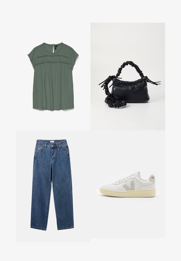 Lichtgroene blouse met korte mouwen, kantdetails op de borst en een keyhole achterkant. Gemaakt van een vloeiende stof met een ontspannen pasvorm.; Klassieke blauwe denim jeans met een rechte pijp, vijf zakken en een knoopsluiting. Heeft een middelgrote wasbeurt en stevige textuur.; Witte leren sneaker met beige suède accenten, geperforeerde neus, platte veters en een gestructureerde crèmekleurige zool. Heeft subtiele branding op de hak.; Zwarte nepleer handtas met een krokodillenstructuur, opgedroogde bovenkant en een gekreukte hengsel. Het lijkt zacht en compact van ontwerp.