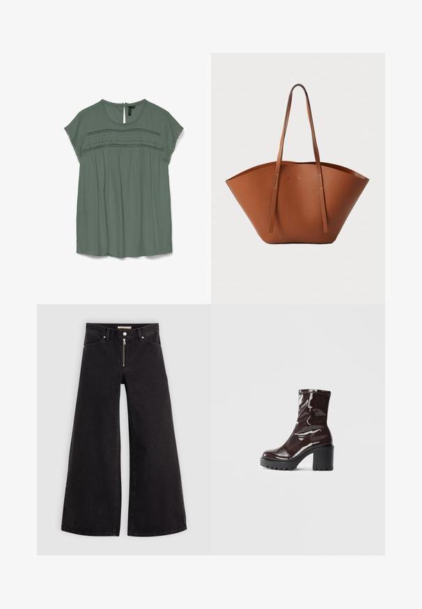 Blouse vert clair à manches courtes, avec des détails en dentelle au niveau de la poitrine et un dos en goutte d'eau. Fabriquée dans un tissu fluide avec une coupe décontractée.; Jean large en denim noir avec une fermeture éclair à l'avant, un design à cinq poches et des détails de couture subtils. Texture lisse et style décontracté.; Bottines bordeaux brillantes à talon épais noir, avec une texture lisse et un design simple. Aucune fermeture visible ni motifs.; Sac fourre-tout en cuir marron avec une forme large et structurée, des poignées fines et une finition texturée. Présente un design minimaliste sans matériel visible.