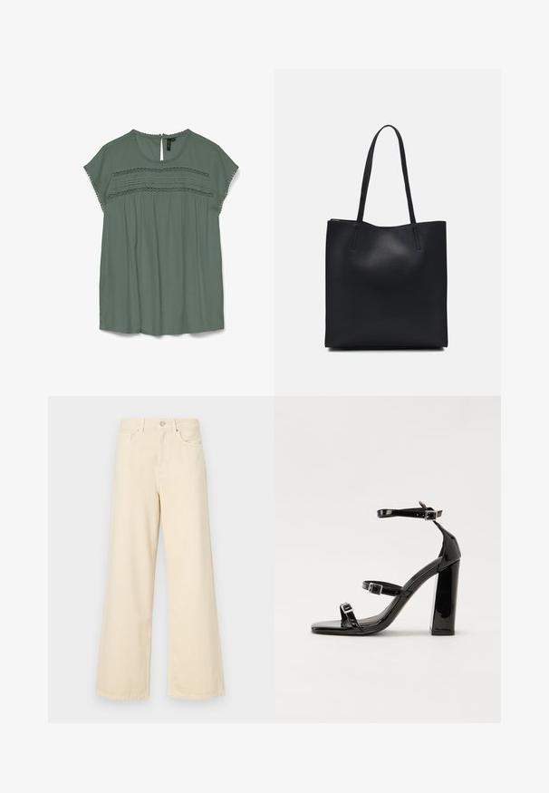 Svijetlozelena bluzica s kratkim rukavima, čipkastim detaljima na grudima i otvorom na leđima. Izrađena od lepršave tkanine s opuštenim krojem.; Bež traperice širokih nogavica napravljene od pamuka. Imaju zatvaranje na dugme, petlje za remen i prednje džepove s glatkom, mekanom teksturom.; Crne lakirane sandale na pete sa kvadratnim nosom, trakama oko gležnja i srebrnim kopčama. Imaju čvrst blok petu za stabilnost.; Crna kožna torba za nošenje s glatkom teksturom, pravokutnim oblikom i dvije duge ručke. Nema vidljivih metalnih dijelova ili ukrasa.