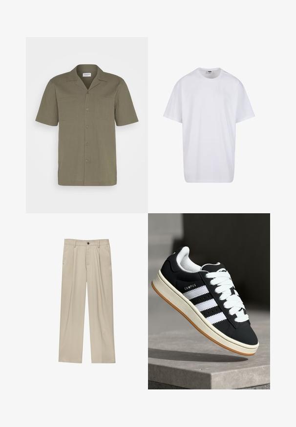 Lyhythihainen paita oliivinvihreänä, jossa on teksturoitu kangas, nappikiinnitys, teräväkauluksinen ja kaksi etutaskua.; Valkoinen puuvillainen t-paita, jossa on lyhyet hihat, pyöreä kaula-aukko, rento istuvuus ja ei näkyviä logoja tai kuvioita. Sileä pinta ja minimaalinen muotoilu.; Beige-housut suoran leikkauksen omaavina, joissa on yksi musta nappi, vyölenkit ja sivutaskut. Sileä kangas ja minimalisti muotoilu.; Musta lenkkikenkä valkoisilla raidoilla, nauhallisella mallilla, teksturoidulla päällisellä ja kumipohjalla. Sivulla on "CAMPUS"-logo ja kumiulkopohja.